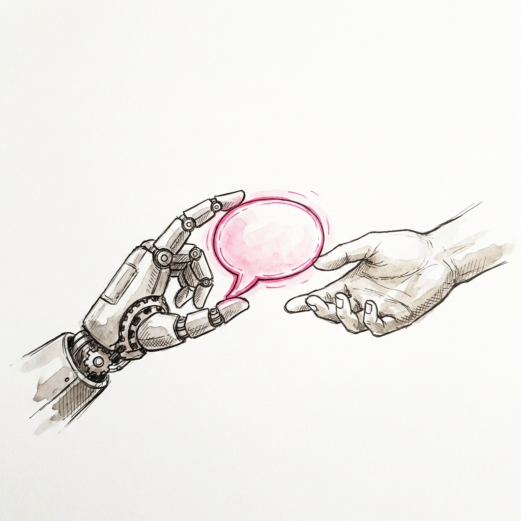 RAG自動学習のイラスト - ロボットの手から人間の手へ吹き出しを渡す様子