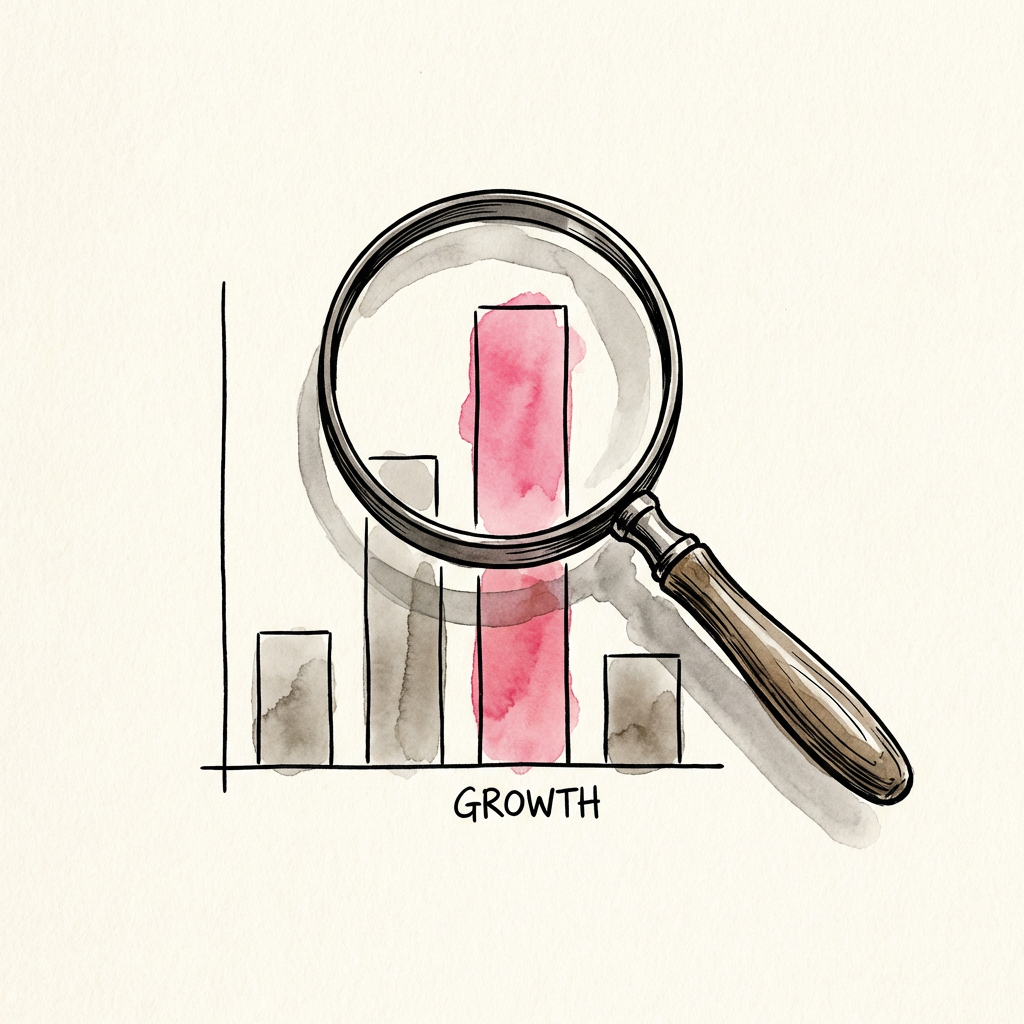 分析ダッシュボードのイラスト - 虫眼鏡で棒グラフを見る様子