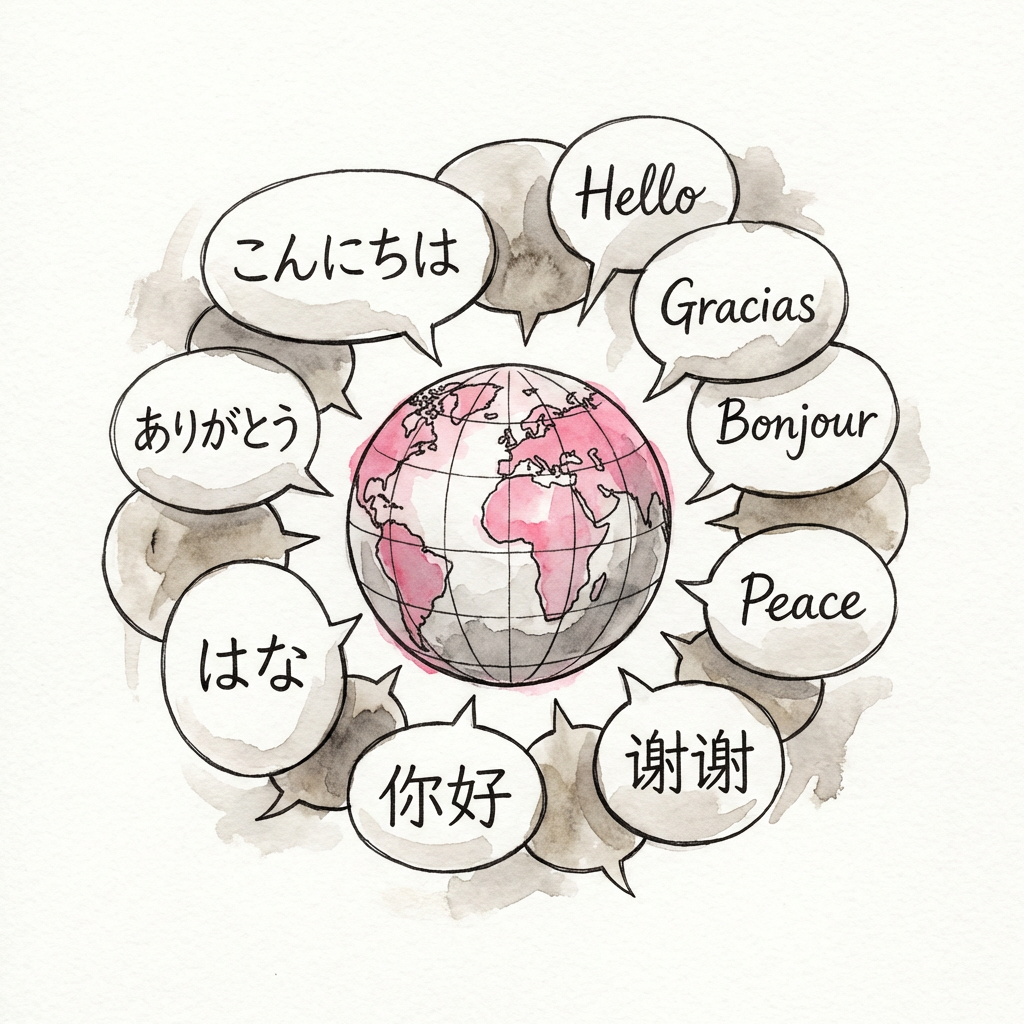 多言語対応のイラスト - 地球を囲む複数言語の吹き出し