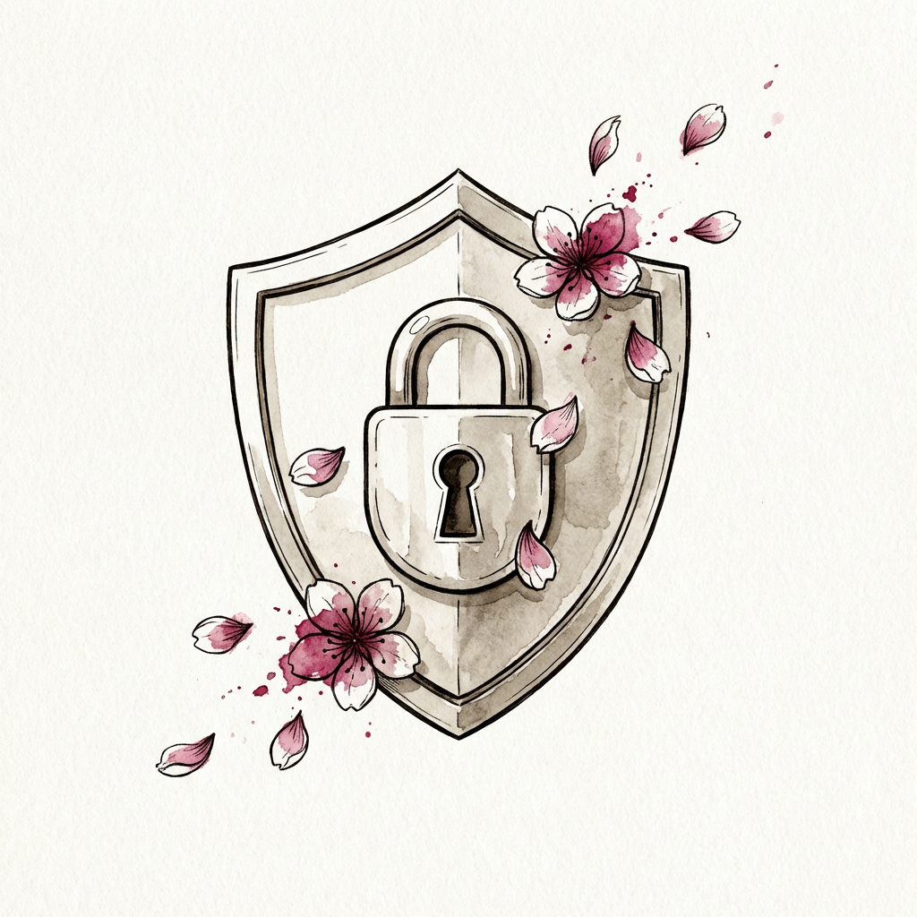 セキュリティのイラスト - 桜の花びらに囲まれた盾と鍵