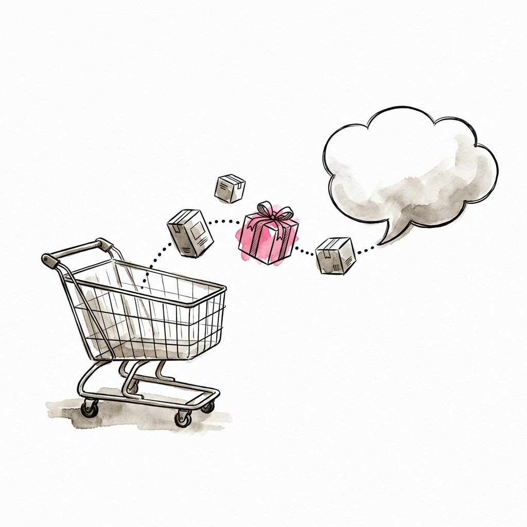 WooCommerce連携のイラスト - ショッピングカートとチャットバブルが繋がる様子